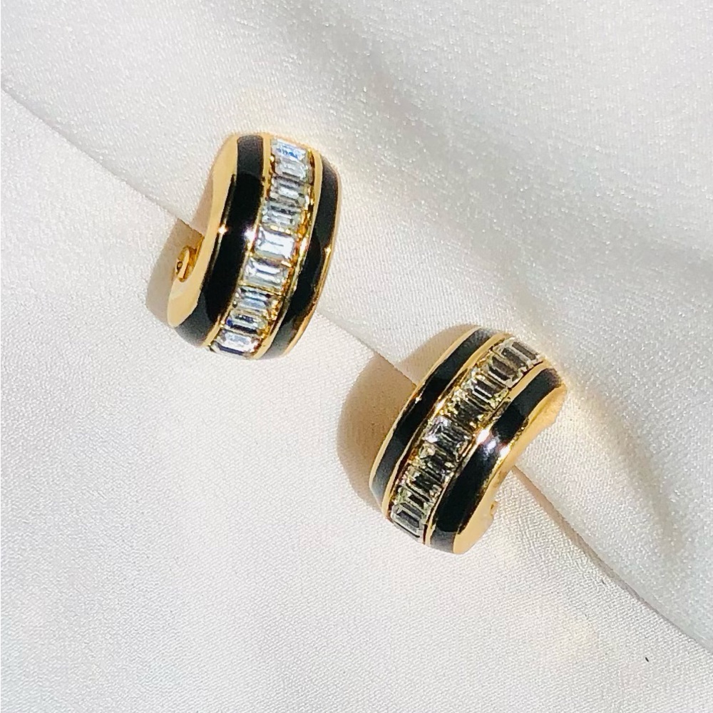 Vintage Christian Dior Crystal Enamel Yellow Gold Plated Clip On Huggie Earring